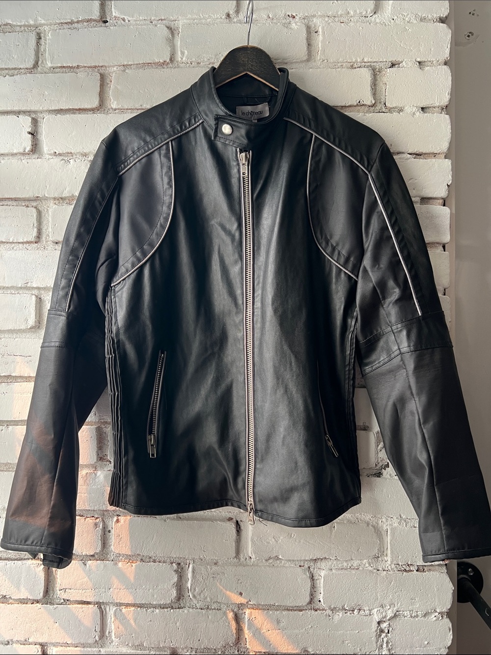 90s vintage Le Chateau Black Faux Leather Jacketc trucker faux leather moto